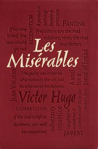 Red book cover with the title Les Miserables and quotes embossed in dark red.