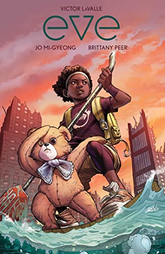Book cover: girl with teddy bear floats through a flooded cityscape.