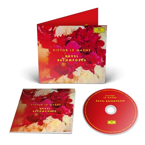 Red CD packaging and disc with floral image, text “Ravel Recomposed”.
