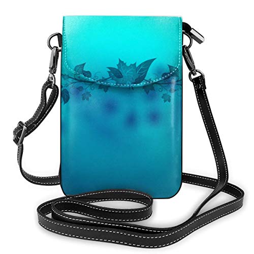 Blue phone wallet with black strap and leaf design.