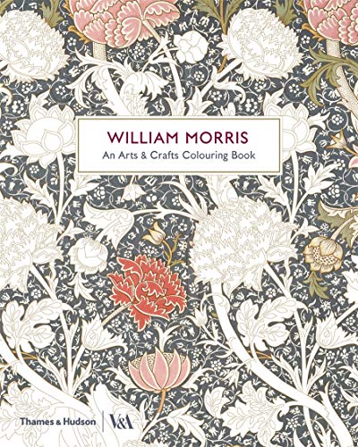 Book cover with floral William Morris design, partially coloured in red.