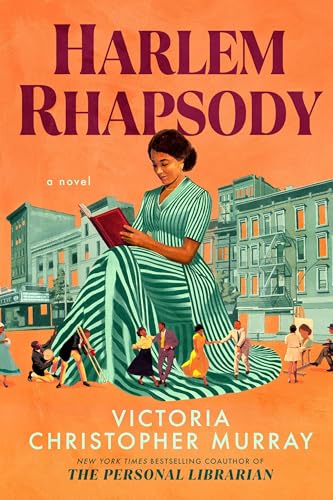 Book cover: woman reading, Harlem cityscape, illustrated style.