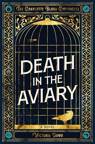 Book cover: ornate gold cage with text “Death in the Aviary” and a bird.