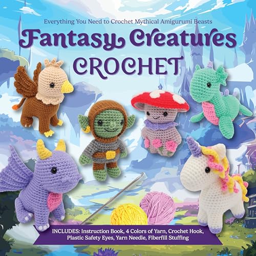Crochet kit with yarn, hook, and instructions for making fantasy creatures.