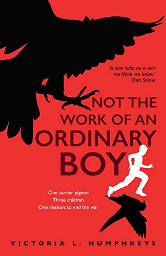 Red book cover with silhouette of a running boy and a pigeon.