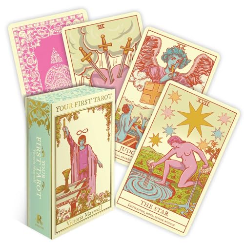Tarot cards and box with ornate gold designs, pink and green hues.