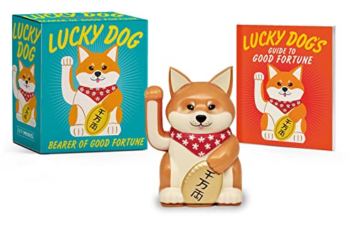 Maneki-neko inspired dog figurine with a book, both featuring red and gold.