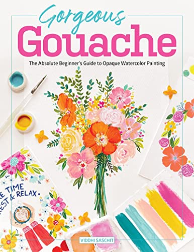 Book cover with floral gouache painting, brushes, and paint palettes.