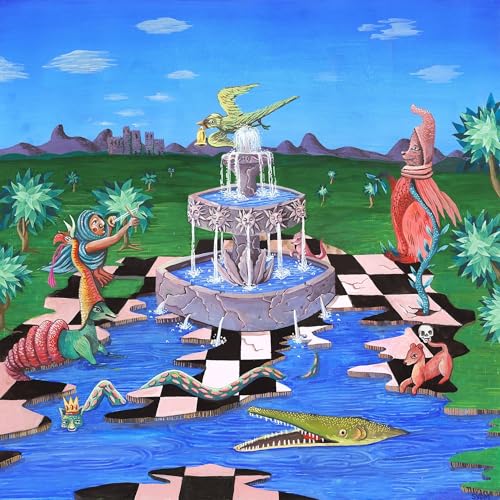 Colorful painting of a tiered fountain with fantastical creatures and landscape.