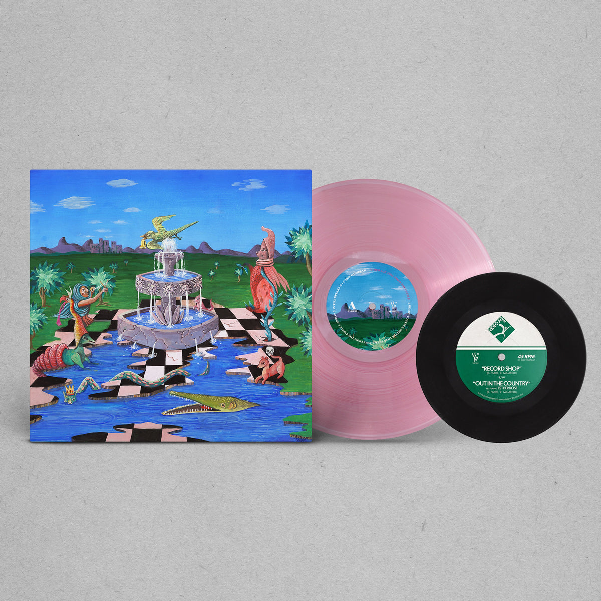 Vinyl record of "Away From The Castle" with colorful, surrealist cover art.