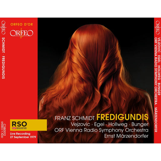CD cover for "Fredigundis" by Franz Schmidt, featuring abstract red hair.