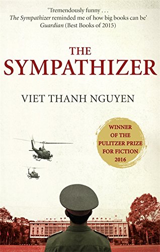 Book cover: "The Sympathizer" with a soldier’s back and helicopters.