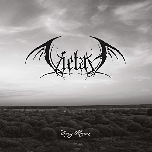 Black and white album cover with ornate band logo over a landscape.