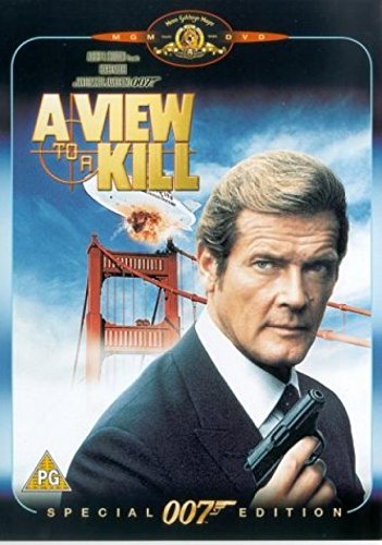DVD cover for "A View To A Kill" featuring Roger Moore with the Golden Gate Bridge.