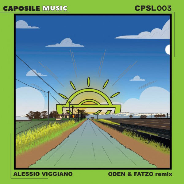 Vinyl record cover: illustrated road with sun and power lines.