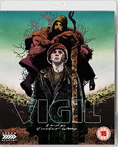 Vigil" Blu-ray cover featuring a man and child against a stark, illustrated background.