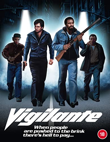 Blu-ray cover for "Vigilante" featuring four men with weapons on a street.