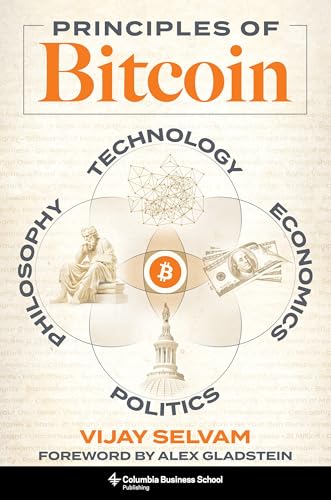 Book cover: "Principles of Bitcoin" with icons representing technology, economics, politics, and philosophy.