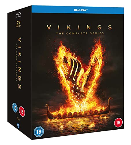 Vikings The Complete Series Blu-ray box set featuring a burning Viking ship on water.