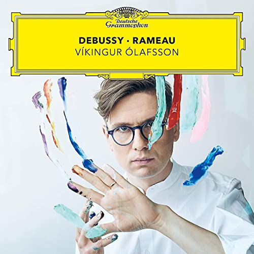 Víkingur Ólafsson portrait with colorful paint streaks, album cover art.