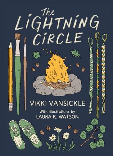 Book cover: "The Lightning Circle" with art supplies, campfire, and shoes.