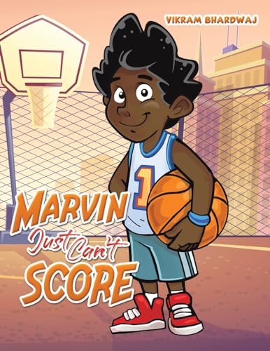 Cartoon illustration of a boy with a basketball on a court.