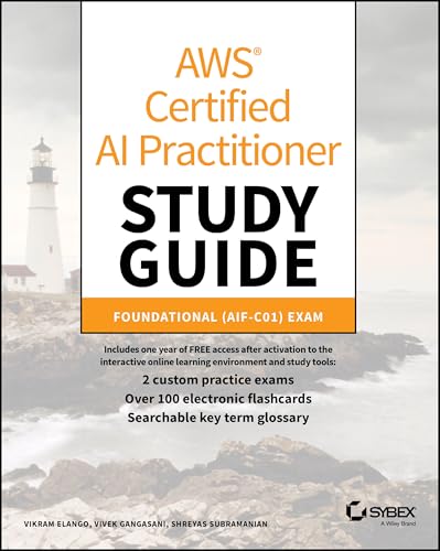Study guide cover for AWS Certified AI Practitioner exam, with lighthouse image.