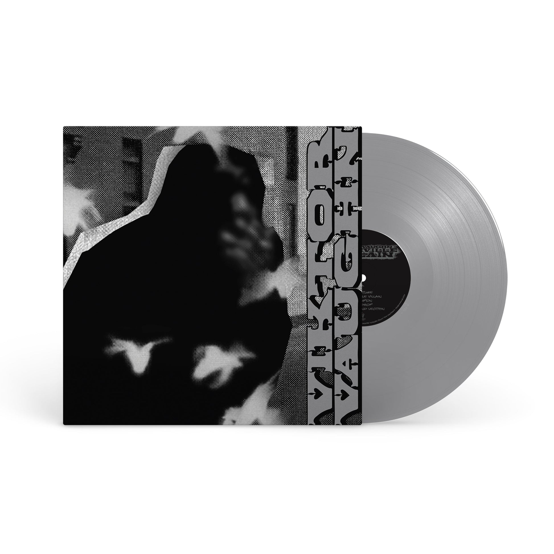 Vinyl record with black and white portrait and bold text design.