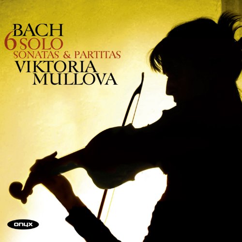 Silhouette of violinist Viktoria Mullova playing, CD cover for Bach sonatas.