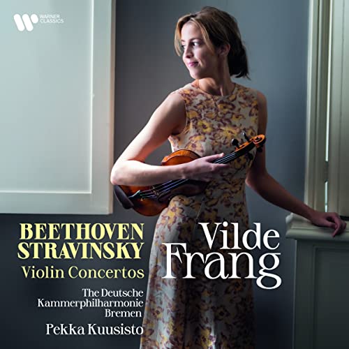 Violinist Vilde Frang holds a violin, album cover for Beethoven & Stravinsky.