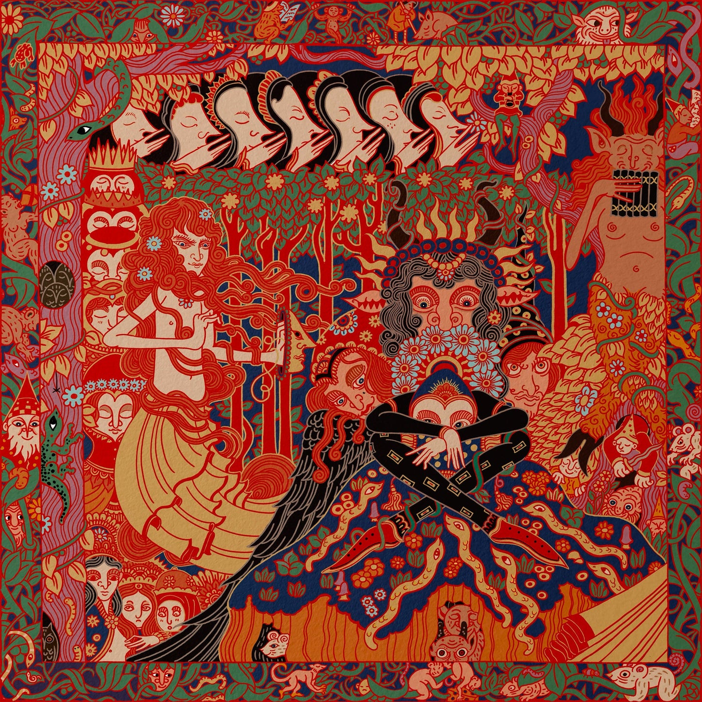 Intricate, colorful album cover featuring figures amidst trees and floral patterns.