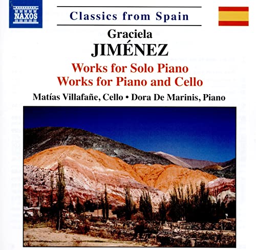 CD cover for Jiménez’s solo piano works with a mountain landscape.