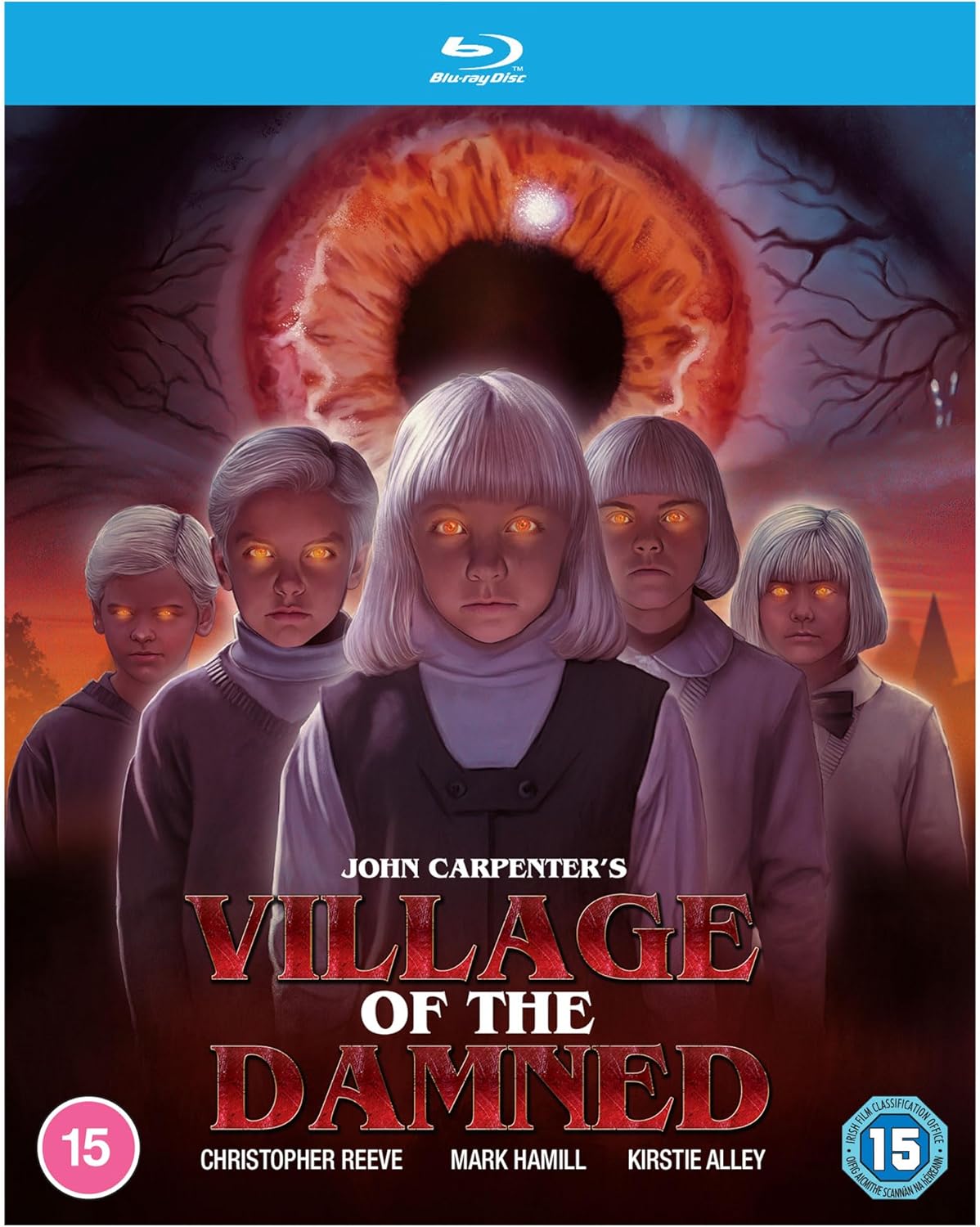 Five children with glowing eyes stand before a giant eye on a movie cover.