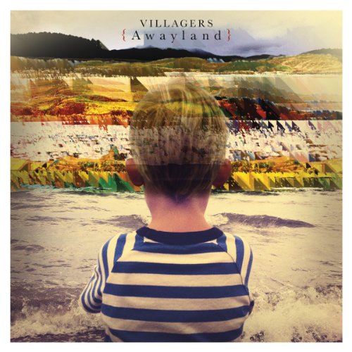 Album cover: boy viewed from behind, layered landscape, blue and white stripes.