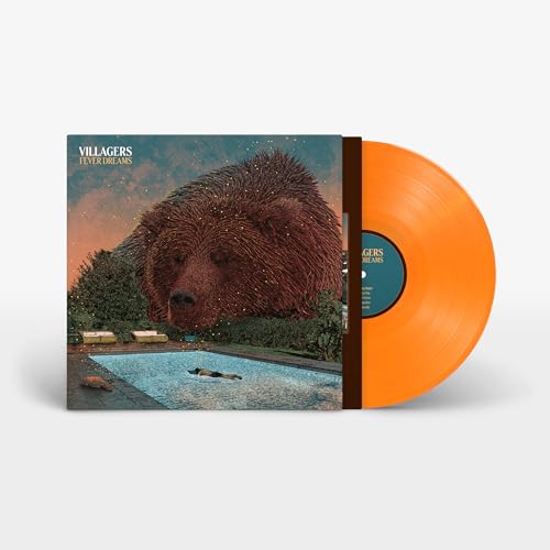 Villagers" album cover with a bear and pool, next to an orange vinyl record.