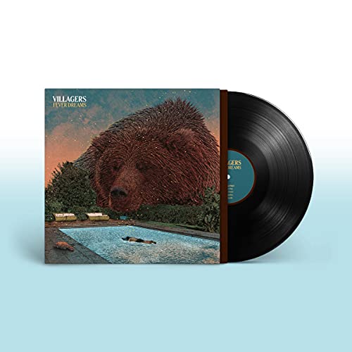 Vinyl record and cover art featuring a giant bear over a swimming pool.