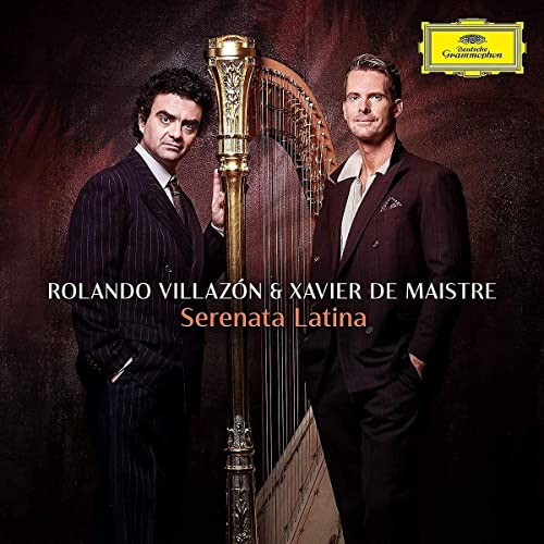 Two men with a golden harp, album cover for "Serenata Latina".
