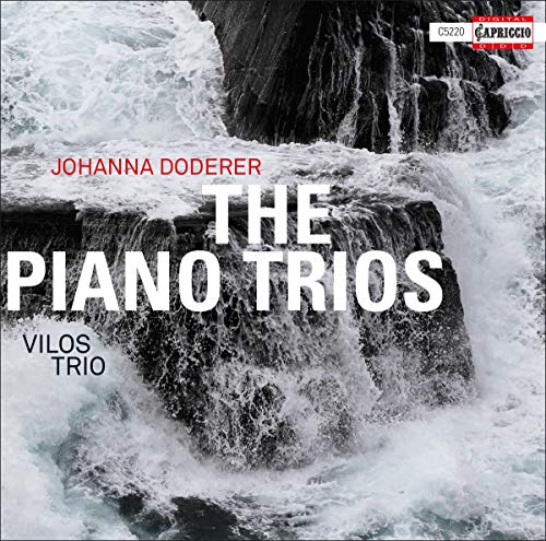 CD cover showing waves crashing against dark rocks with text Johanna Doderer The Piano Trios.