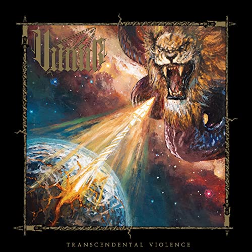 Album cover: roaring lion, Earth, and cosmic nebula in dark fantasy art.