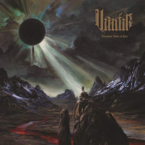 Dark fantasy album cover with mountains, a lone figure, and a black sun.