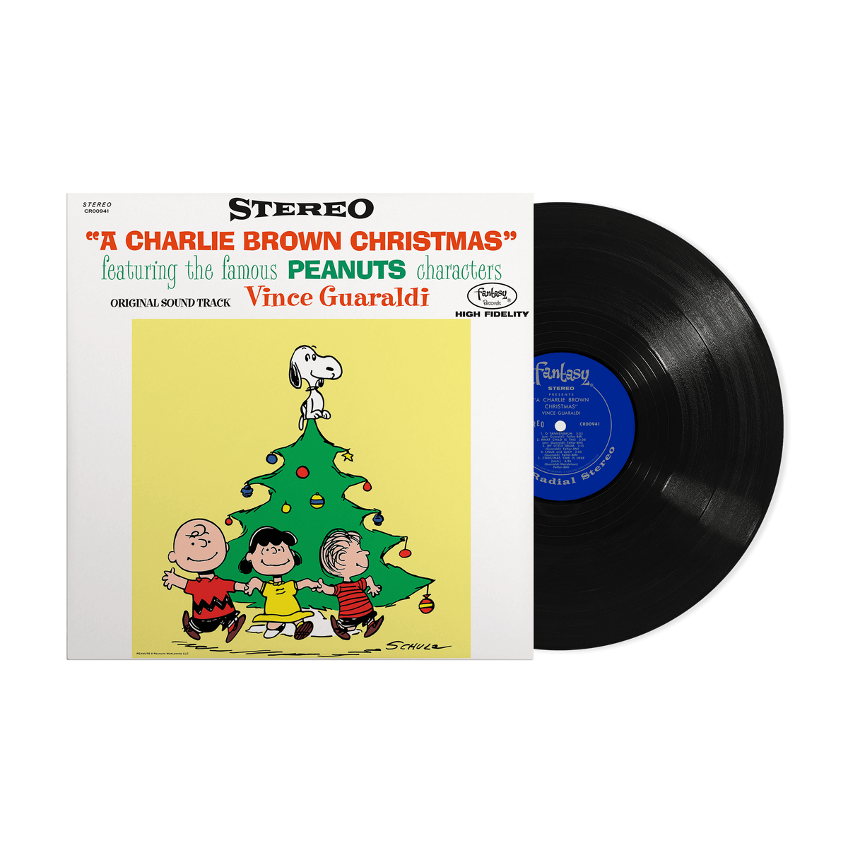 A Charlie Brown Christmas" vinyl record with Peanuts characters on the cover.
