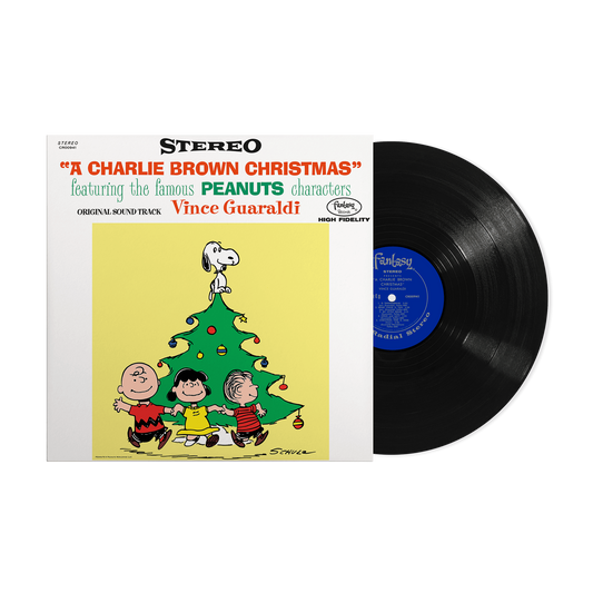 A Charlie Brown Christmas" vinyl record with Peanuts characters on the cover.
