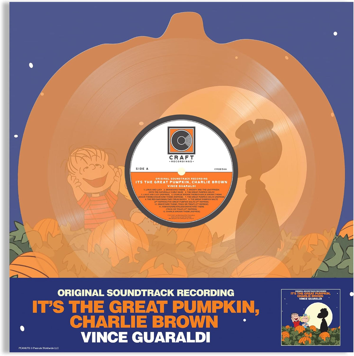 Vinyl record with orange center and Peanuts characters at the bottom.