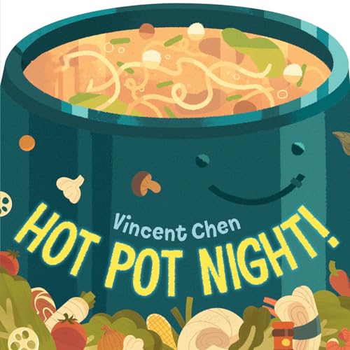 Illustrated hot pot with noodles and vegetables, book cover titled "Hot Pot Night!".
