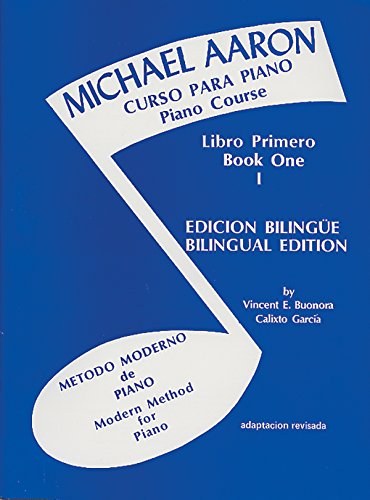 Blue piano course book cover with musical note and bilingual text.