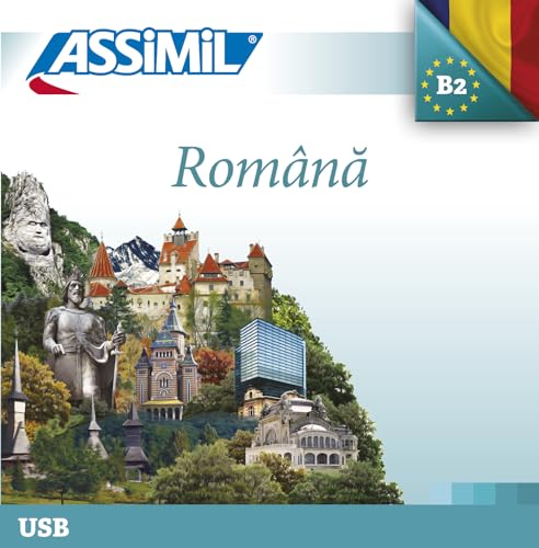 Romanian language course cover with landmarks, flag, and "Assimil" logo.