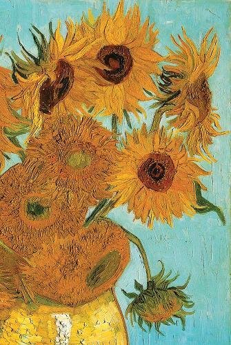 Van Gogh’s “Sunflowers” painting, close-up of yellow blooms in a vase.