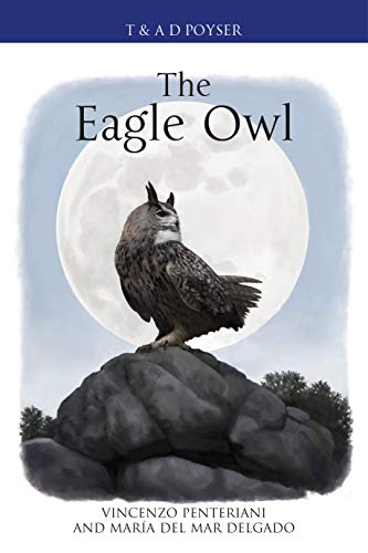 Book cover depicting an eagle owl perched on rocks under a full moon.