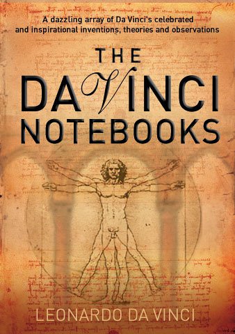 Book cover for “Da Vinci Notebooks” featuring Vitruvian Man illustration.