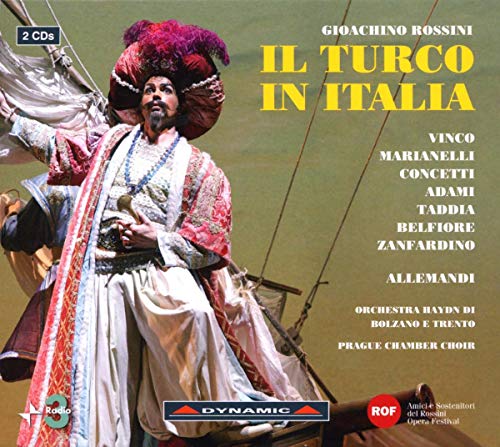 Opera singer in ornate costume on a ship, with text title Il Turco in Italia.